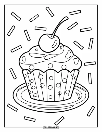 Coloriage de cupcakes pour enfants : Un cupcake avec des vermicelles et une cerise dans une caissette à pois