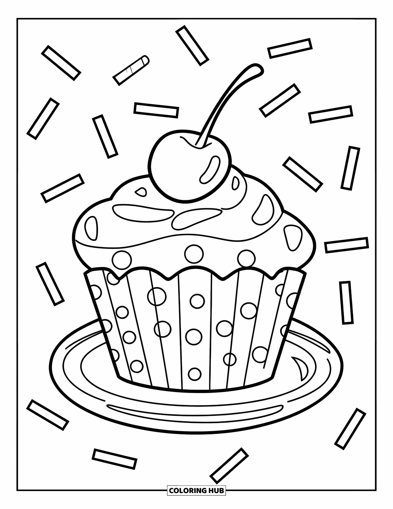 Cupcake Coloring Page for Kids: A cupcake with sprinkles and a cherry sits on a dotted wrapper