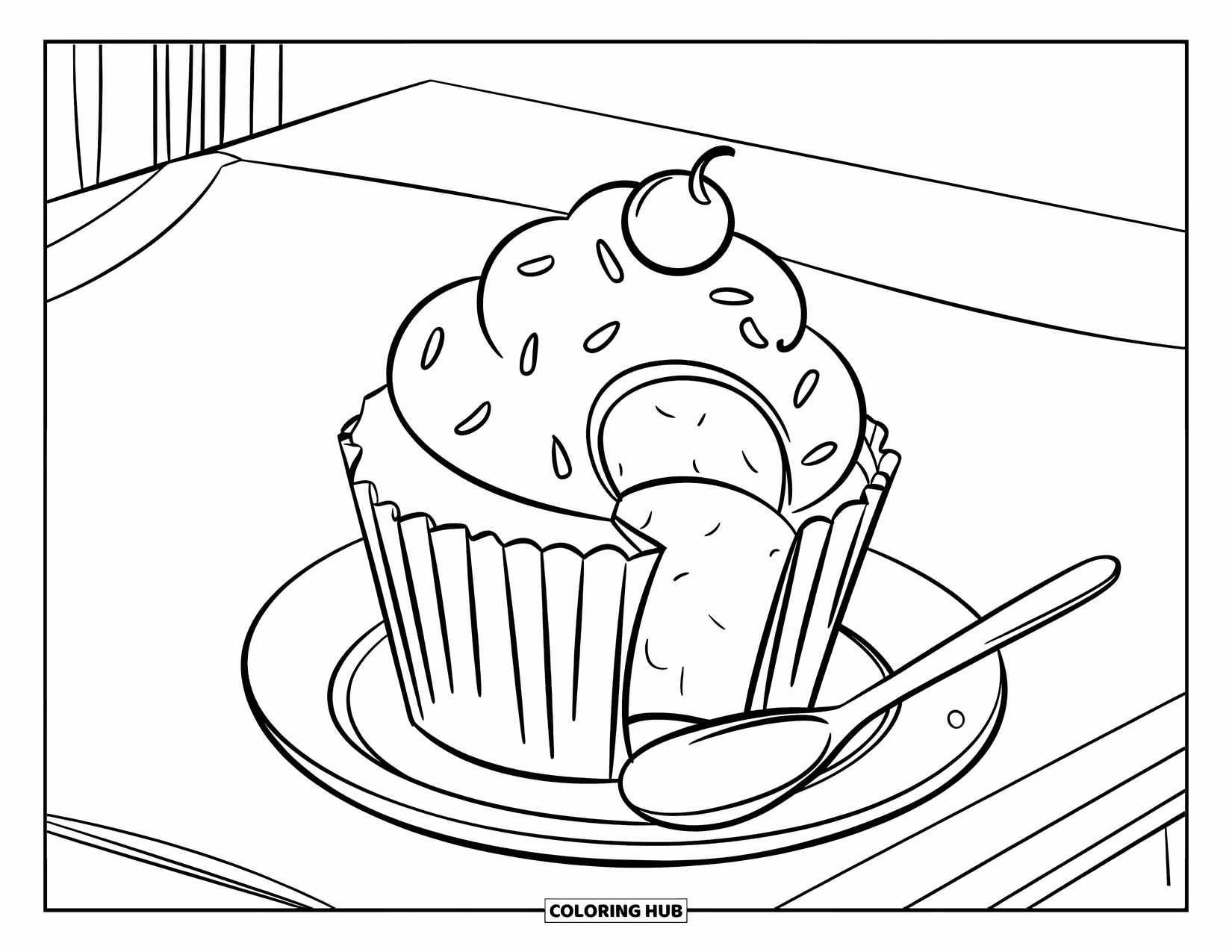 Cupcake Coloring Page for Kids: A cupcake with sprinkles and a spoon sits on a plate