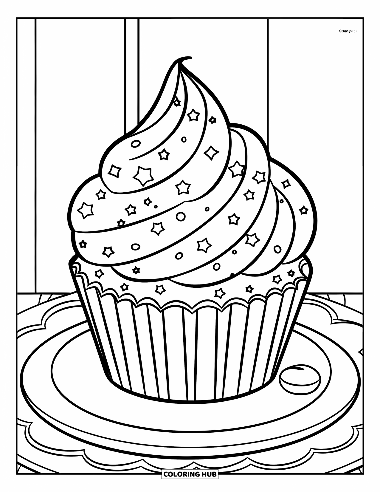 Cupcake Coloring Page for Kids: A cupcake with stars and swirls sits on a plate