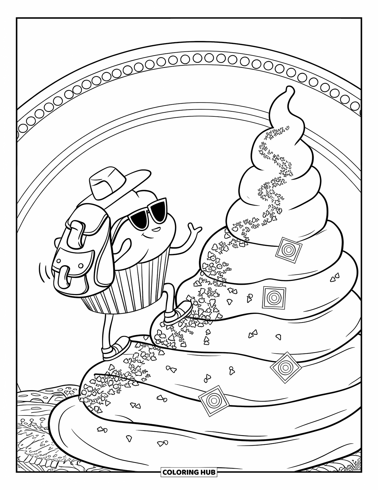 Cupcake Coloring Page for Kids: A cupcake with sunglasses and a backpack hikes a frosting trail