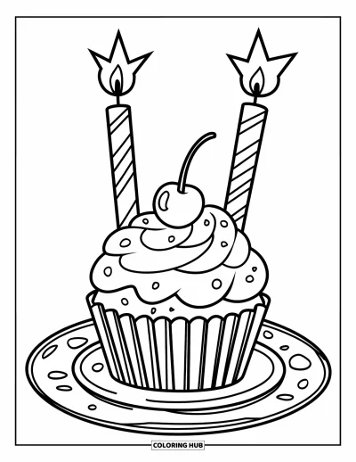 Coloriage de cupcakes pour enfants : Un cupcake avec deux bougies, du glaçage, une cerise et quelques miettes