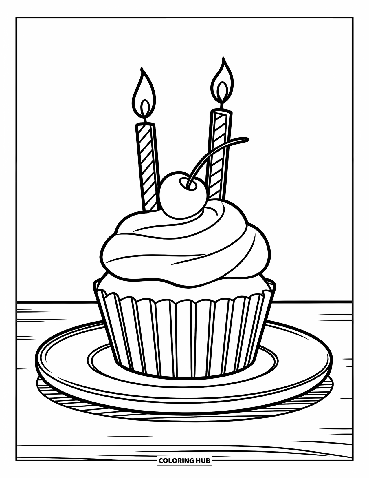 Cupcake Coloring Page for Kids: A cupcake with two candles, frosting, and a cherry on a plate