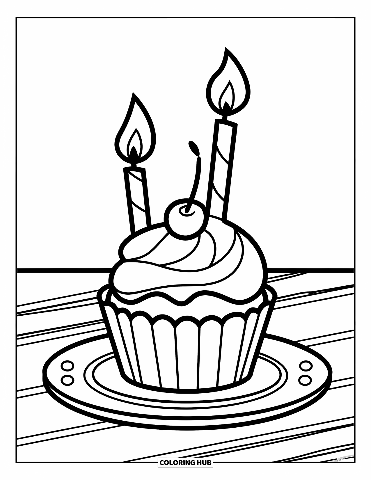 Cupcake Coloring Page for Kids: A cupcake with two candles, frosting, and a cherry on a plate