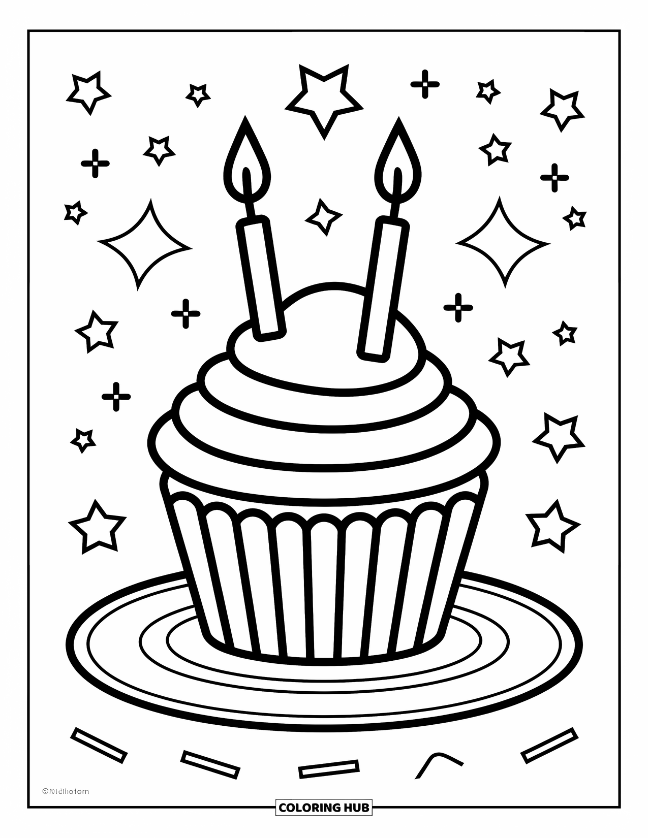 Cupcake Coloring Page for Kids: A cupcake with two candles on a plate