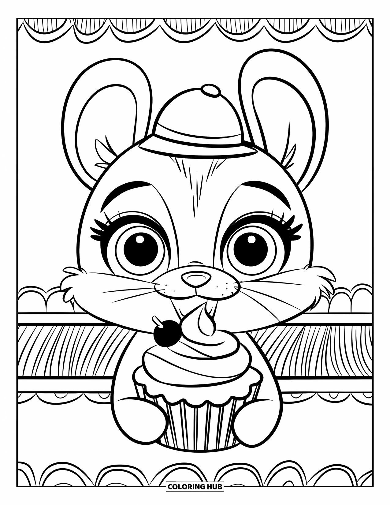 Cupcake Coloring Page for Kids: A cute animal with big eyes holds a cupcake sweetly