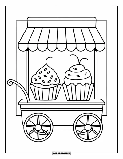 Coloriage de cupcakes pour enfants : Un adorable chariot à cupcakes avec des roues et deux cupcakes exposés