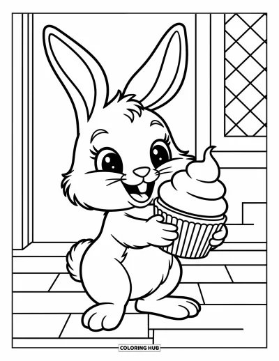 Coloriage de cupcakes pour enfants : Un lapin duveteux tenant un cupcake avec des vermicelles