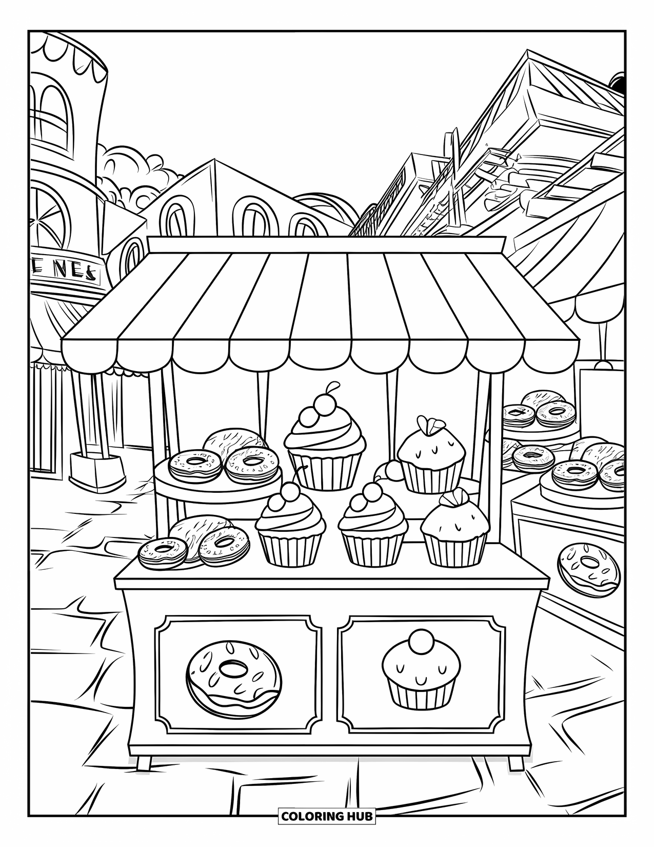 Cupcake Coloring Page for Kids: A lively street market with a cupcake stall and desserts