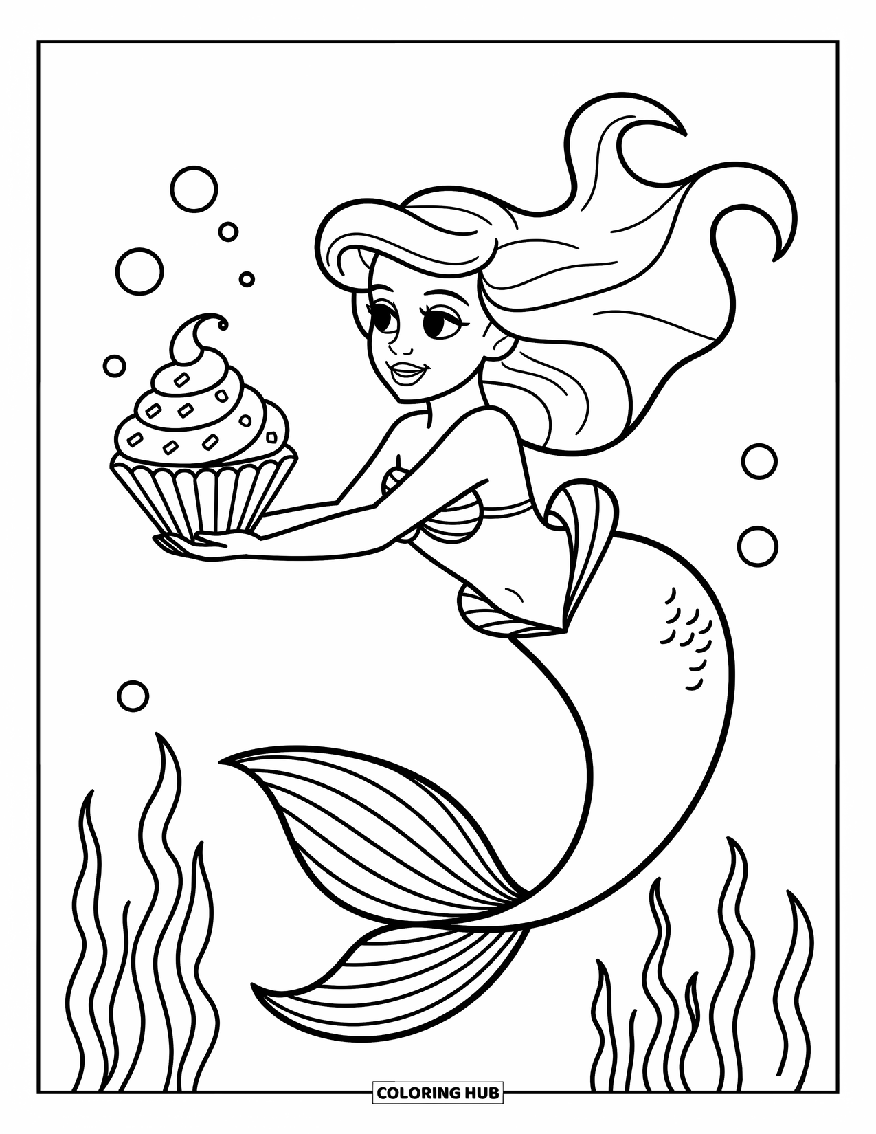 Cupcake Coloring Page for Kids: A mermaid holds a seashell cupcake underwater with bubbles and seaweed around