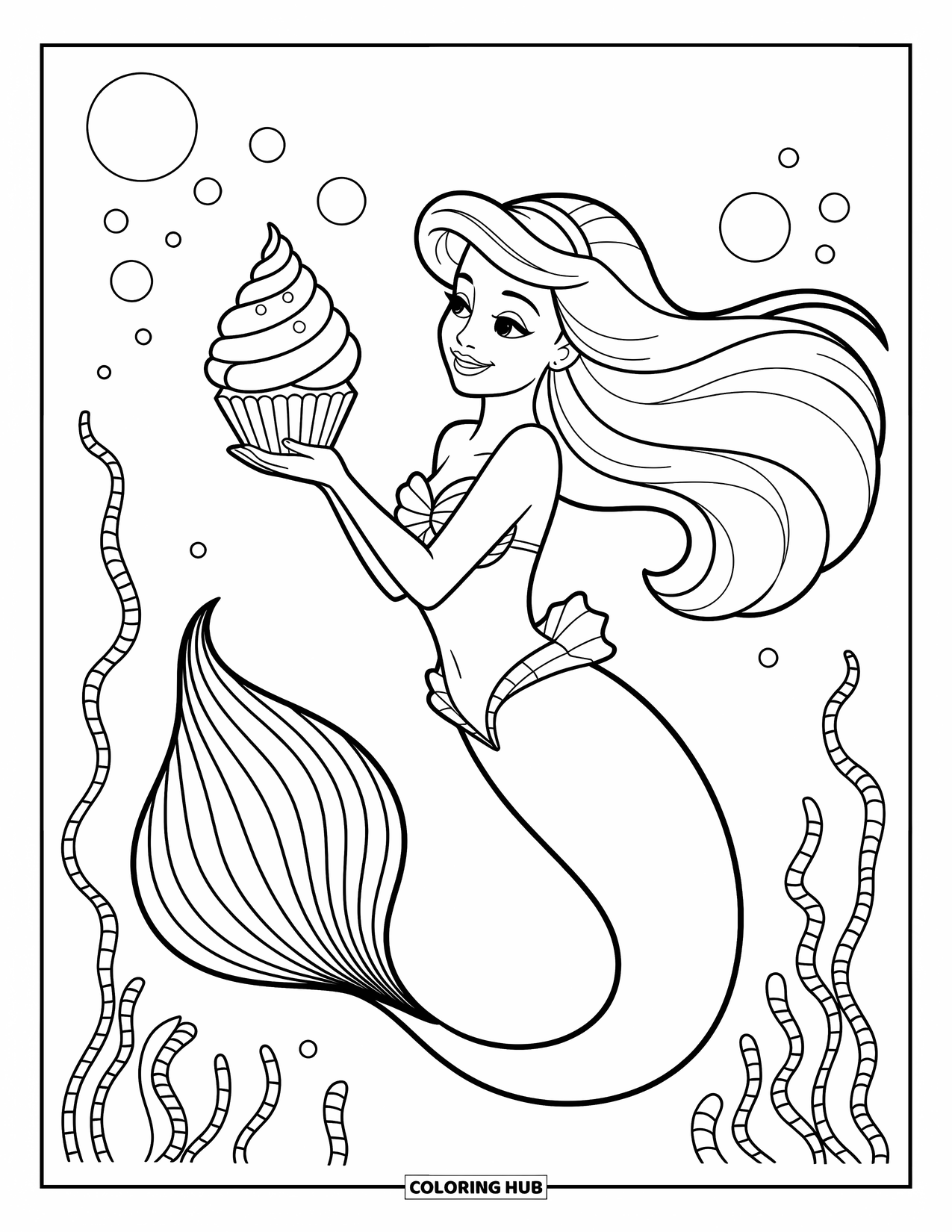 Cupcake Coloring Page for Kids: A mermaid holds a seashell cupcake underwater with bubbles and seaweed