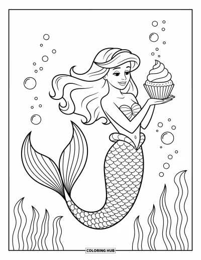 Coloriage de cupcakes pour enfants : Une sirène aux cheveux flottants tient un cupcake coquillage sous l’eau