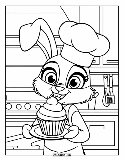 Coloriage de cupcakes pour enfants : Un lapin avec une toque de chef tient un cupcake dans une cuisine