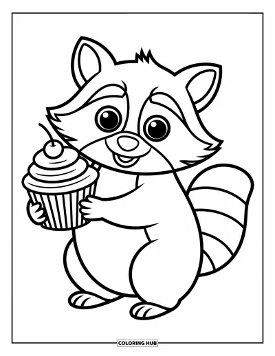 Coloriage de cupcakes pour enfants : Un raton laveur tenant un cupcake avec une cerise sur le dessus