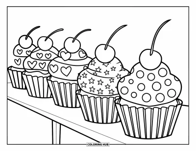 Coloriage de cupcakes pour enfants : Une rangée de cupcakes aux motifs différents et des cerises sur le dessus