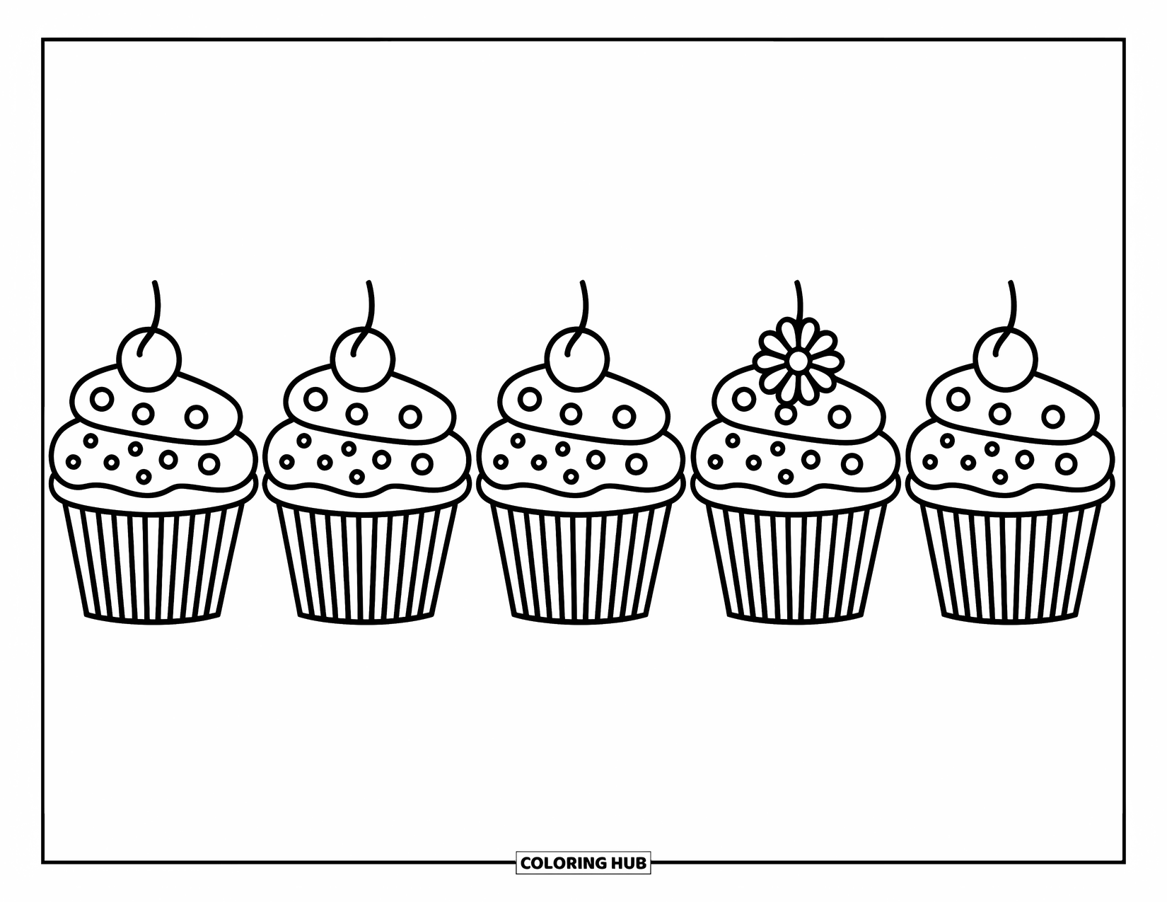 Cupcake Coloring Page for Kids: A row of cupcakes with different patterns and playful designs