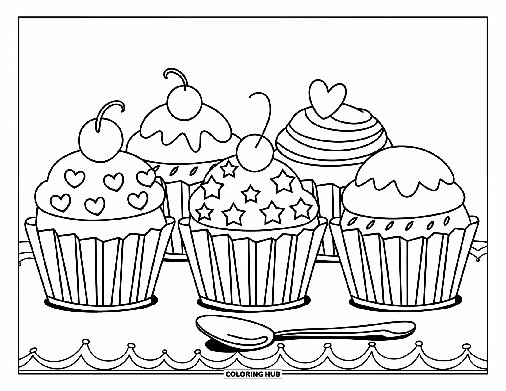 Cupcake Coloring Page for Kids: A row of cupcakes with various patterns and cherries on top