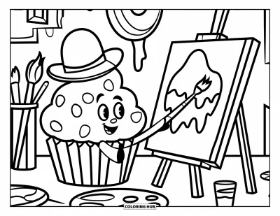 Coloriage de cupcakes pour enfants : Un cupcake souriant avec un béret d’artiste peint une toile avec du glaçage