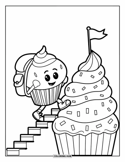Coloriage de cupcakes pour enfants : Un cupcake souriant avec un sac à dos grimpe une montagne de glaçage