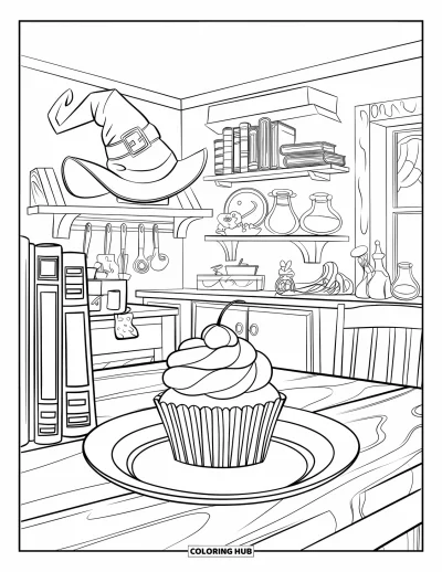 Coloriage de cupcakes pour enfants : Une cuisine de sorcière avec un cupcake, des grimoires et des potions lumineuses