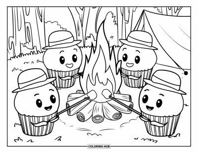 Coloriage de cupcakes pour enfants : Des cupcakes font griller des guimauves autour d’un feu de camp dans les bois