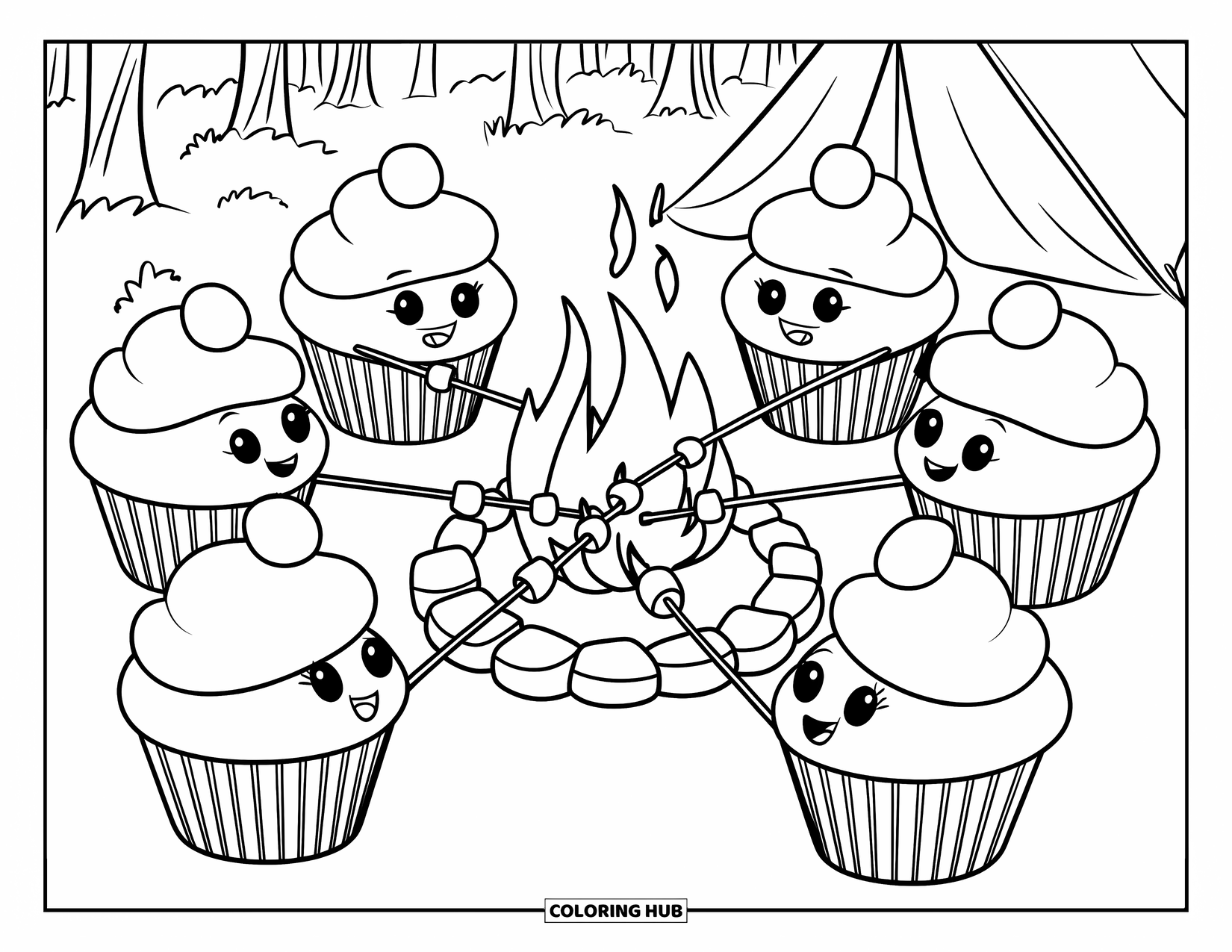 Cupcake Coloring Page for Kids: Cupcakes roast marshmallows around a fire under trees and a tent