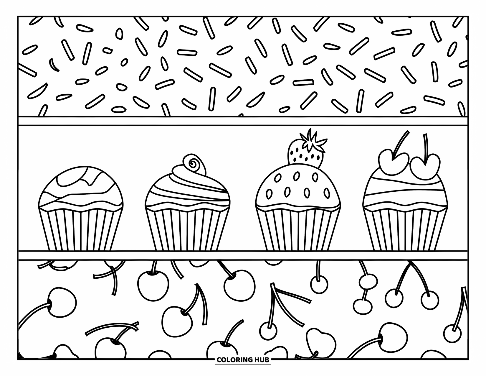 Cupcake Coloring Page for Kids: Five cupcakes with different patterns sit in a neat row