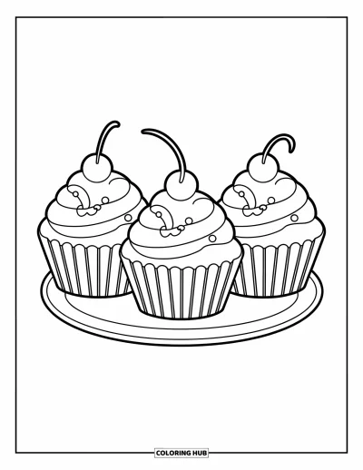 Coloriage de cupcakes pour enfants : Trois cupcakes alignés avec des garnitures différentes sur une assiette