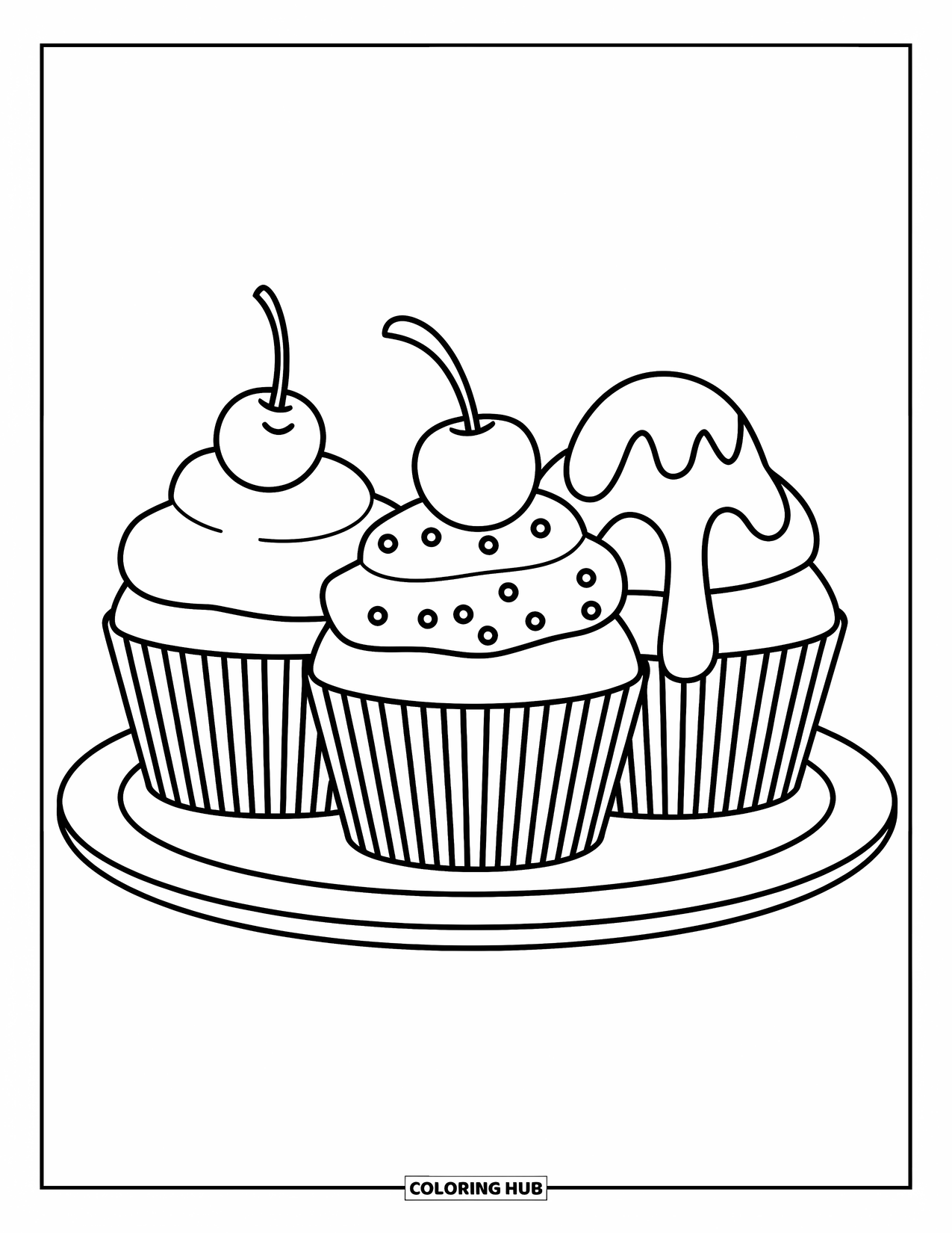 Cupcake Coloring Page for Kids: Three cupcakes in a row with a cherry, sprinkles, and chocolate drip