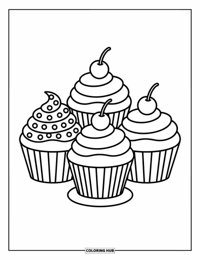 Coloriage de cupcakes pour enfants : Trois cupcakes alignés avec des vermicelles et une cerise