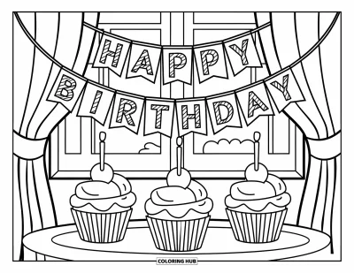 Coloriage de cupcakes pour enfants : Trois cupcakes sur une table avec une bannière d’anniversaire et des bougies