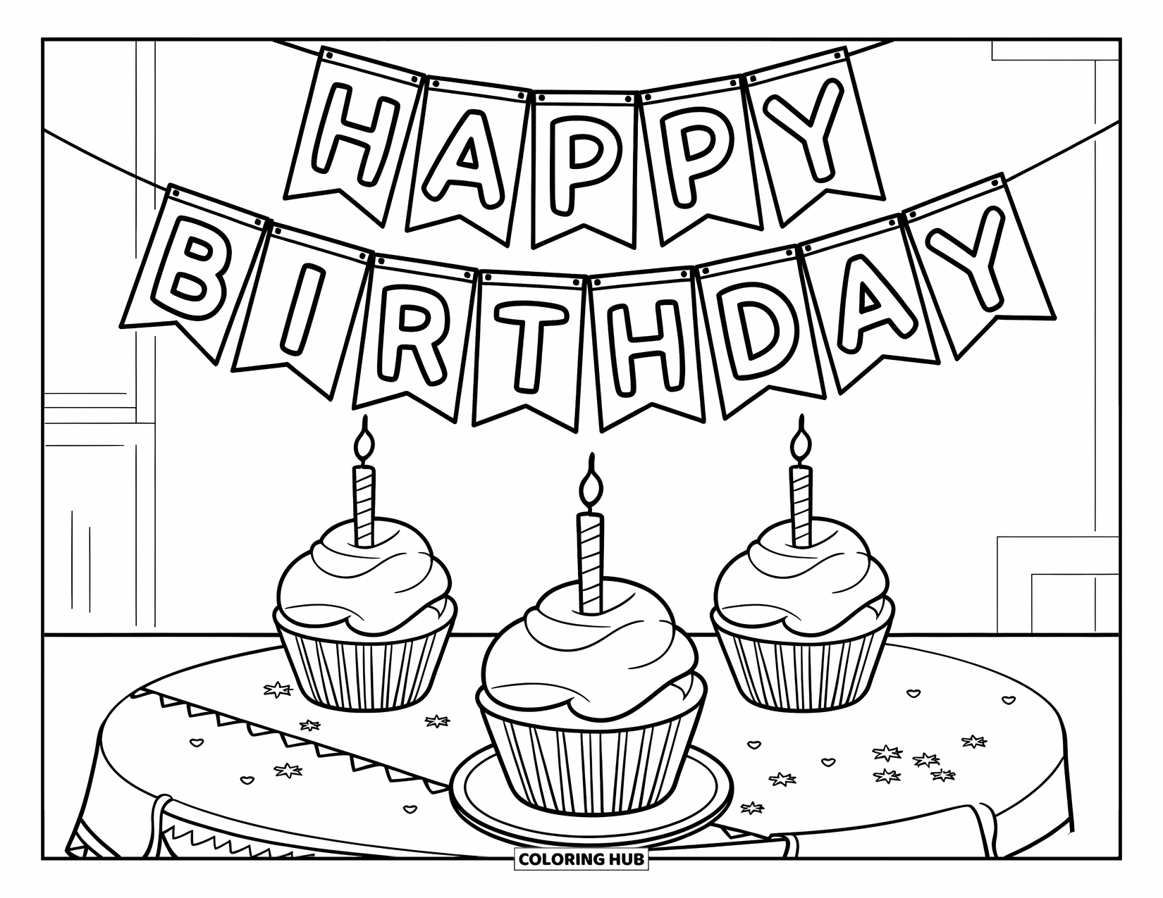 Cupcake Coloring Page for Kids: Three cupcakes on a table with a "Happy Birthday" banner above