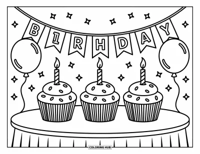 Coloriage de cupcakes pour enfants : Trois cupcakes sur une table avec une bannière d’anniversaire amusante