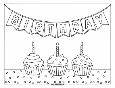 Coloriage de cupcakes pour enfants : Trois cupcakes sont posés sur une table sous une bannière d’anniversaire