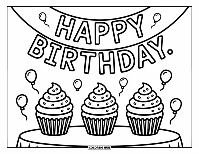 Coloriage de cupcakes pour enfants : Trois cupcakes sous une joyeuse bannière d’anniversaire