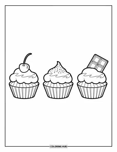 Coloriage de cupcakes pour enfants : Trois cupcakes avec une cerise, des vermicelles et une barre de chocolat sur le dessus