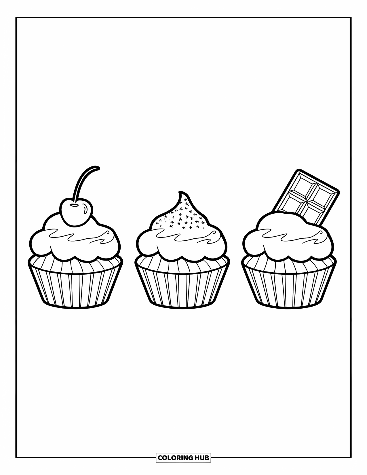 Cupcake Coloring Page for Kids: Three cupcakes with a cherry, sprinkles, and a chocolate bar on top