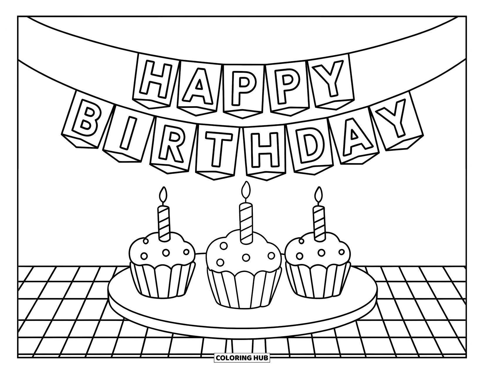 Cupcake Coloring Page for Kids: Three cupcakes with candles sit under a "Happy Birthday" banner