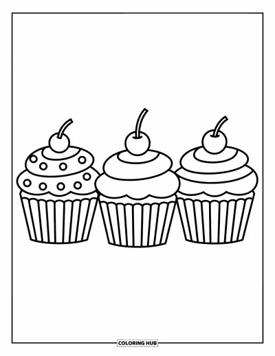 Coloriage de cupcakes pour enfants : Trois cupcakes alignés avec des garnitures différentes