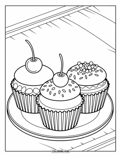 Coloriage de cupcakes pour enfants : Trois cupcakes avec des garnitures différentes sur une assiette