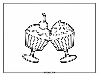Coloriage de cupcakes pour enfants : Deux cupcakes trinquent comme des verres dans une scène joyeuse