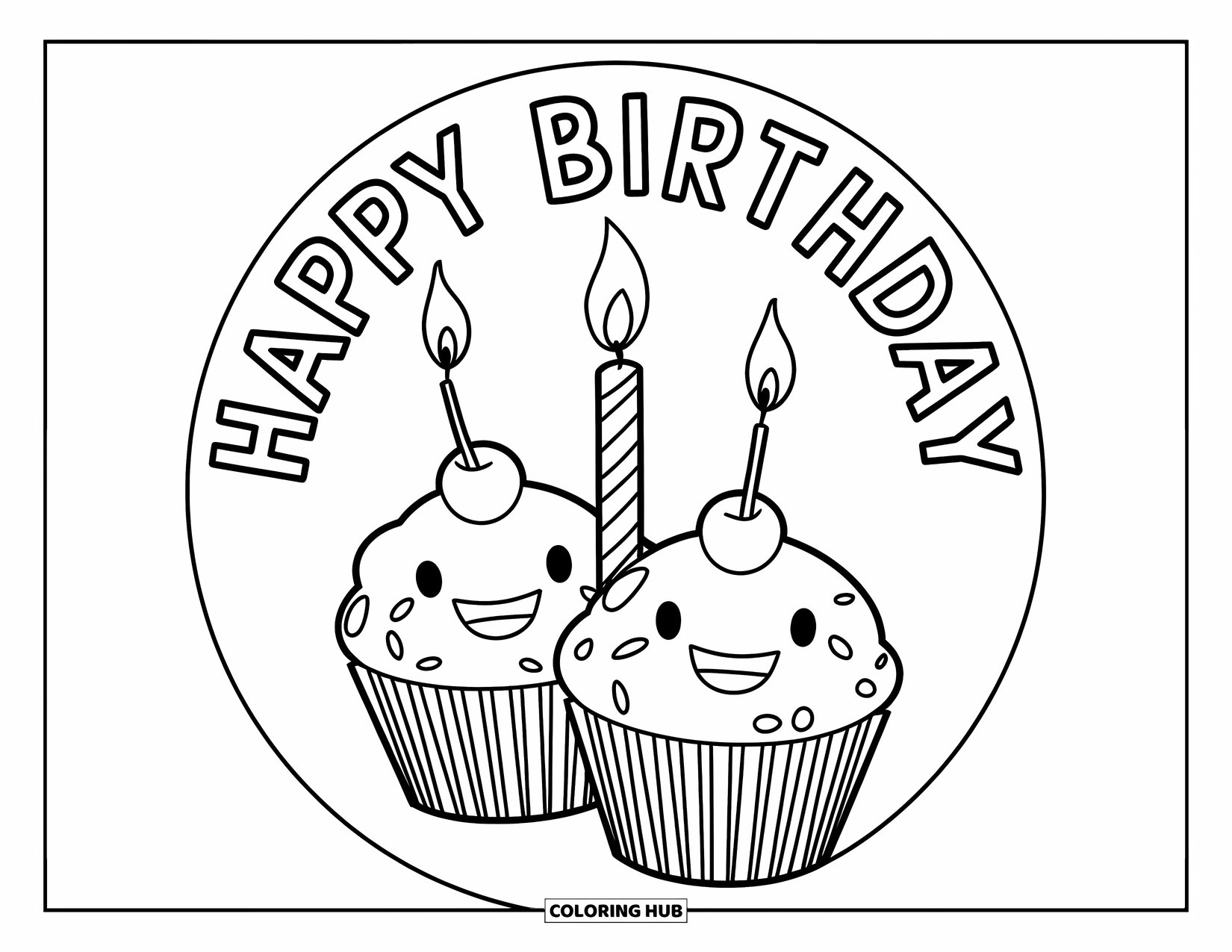 Cupcake Coloring Page for Kids: Two cupcakes tied with a ribbon share a "Happy Birthday" banner