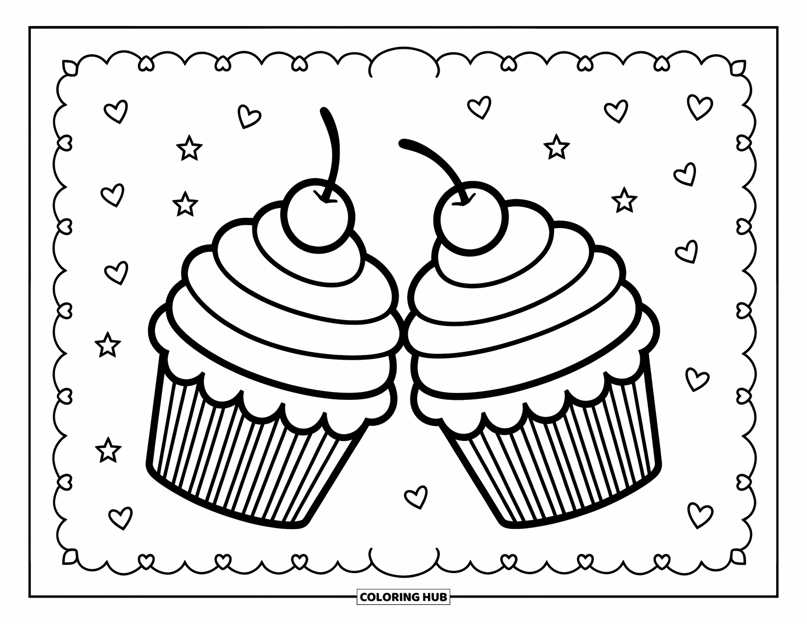 Cupcake Coloring Page for Kids: Two cupcakes with cheerful faces clinking together