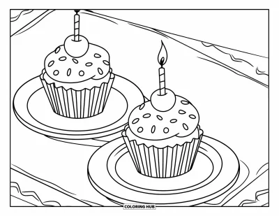 Coloriage de cupcakes pour enfants : Deux cupcakes avec des cerises et des bougies posés sur une table