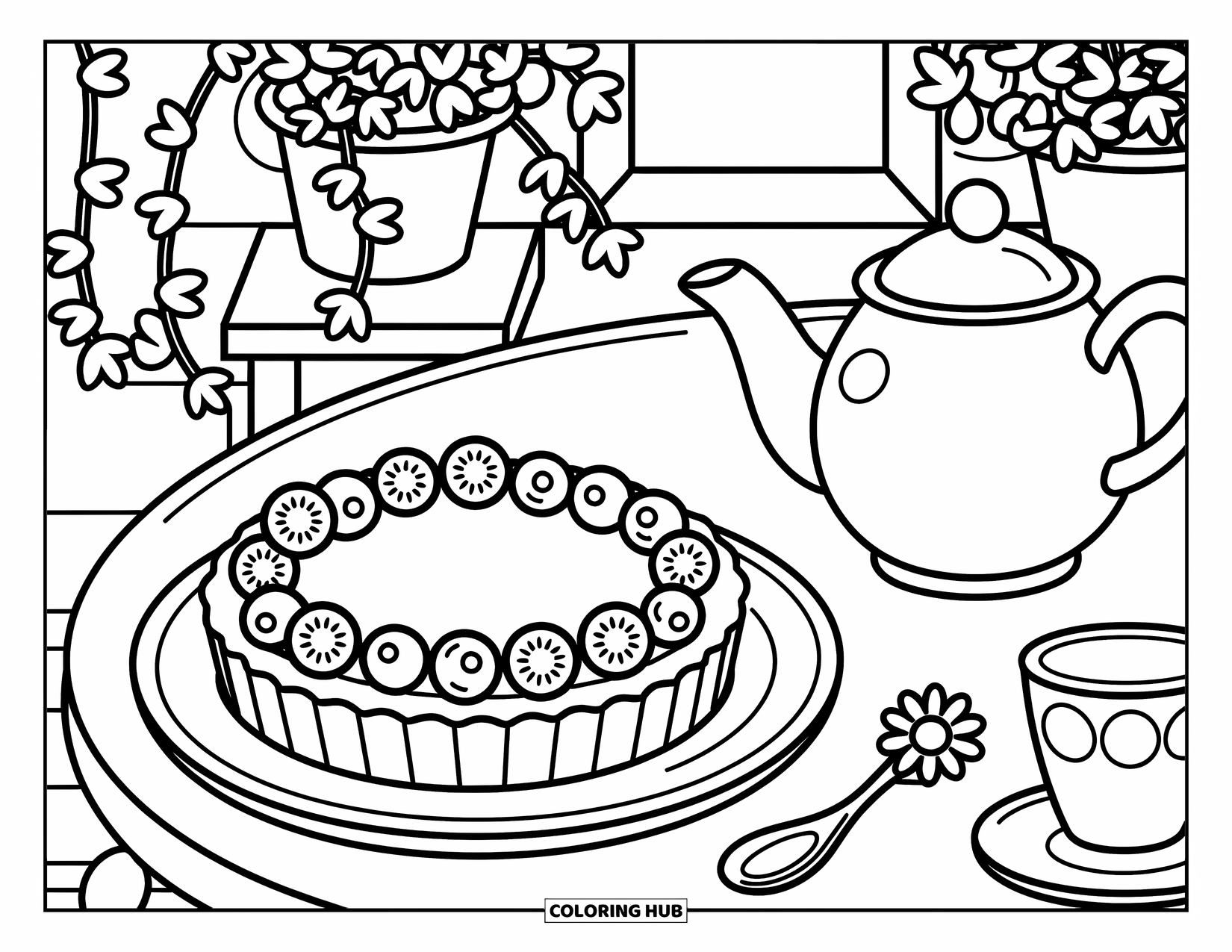 Disegno da colorare di un dessert per adulti: Una crostata sormontata da frutti di bosco e tazze da tè sono sedute su un tavolo da giardino con piante in vaso ed edera