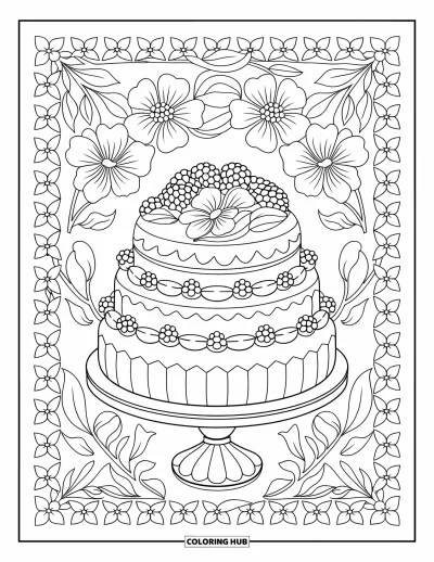 Coloriage de dessert pour adultes : Un gâteau avec des baies et du glaçage se dresse, entouré de fleurs