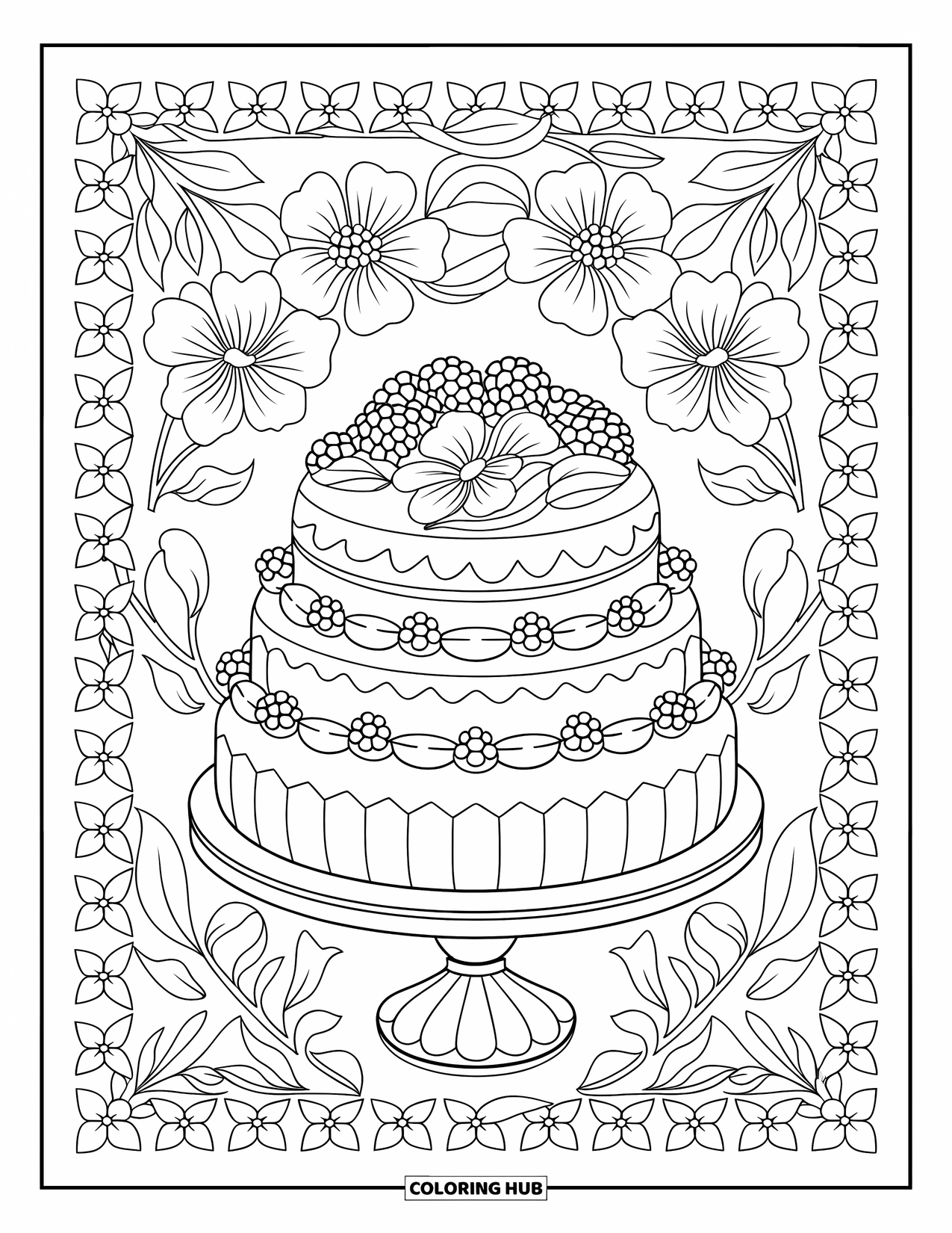 Disegno da colorare di dessert per adulti: una torta con frutti di bosco e glassa si erge alta con fiori tutt'intorno