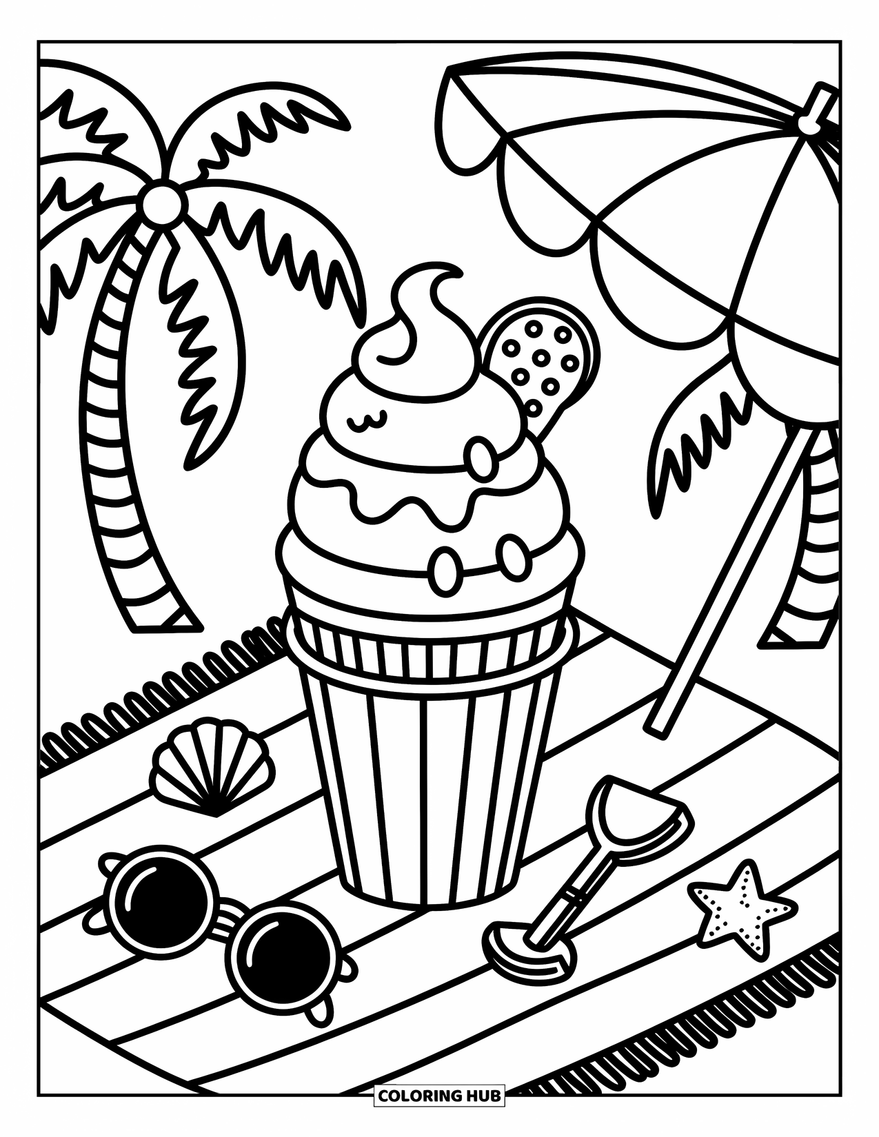 Disegno da colorare di un dessert per adulti: Un cono con panna montata è adagiato su un telo da spiaggia sotto palme e attrezzatura giocosa