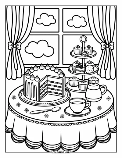 Coloriage de dessert pour adultes : Une table confortable contient un gâteau, une tasse à thé et de minuscules desserts près d’une fenêtre à rideaux