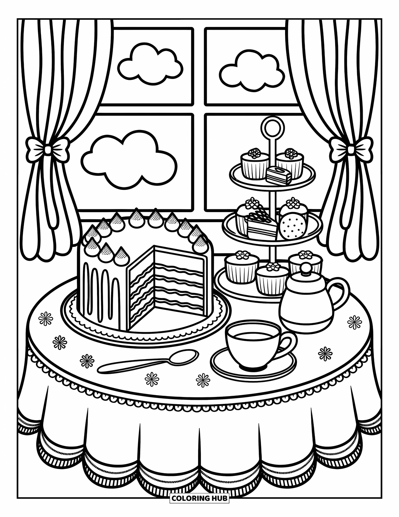 Disegno da colorare di un dessert per adulti: Un tavolo accogliente contiene torta, una tazza da tè e piccoli dessert vicino a una finestra con tende